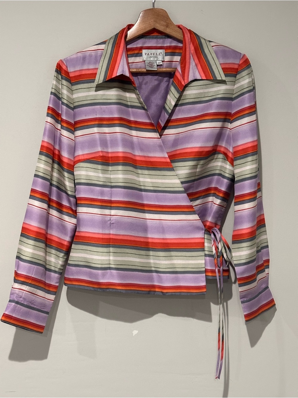 Papell Petites 2 Pc 100% Silk Pant Suit Set Size 10P Purple Striped Wrap Jacket - Picture 2 of 7